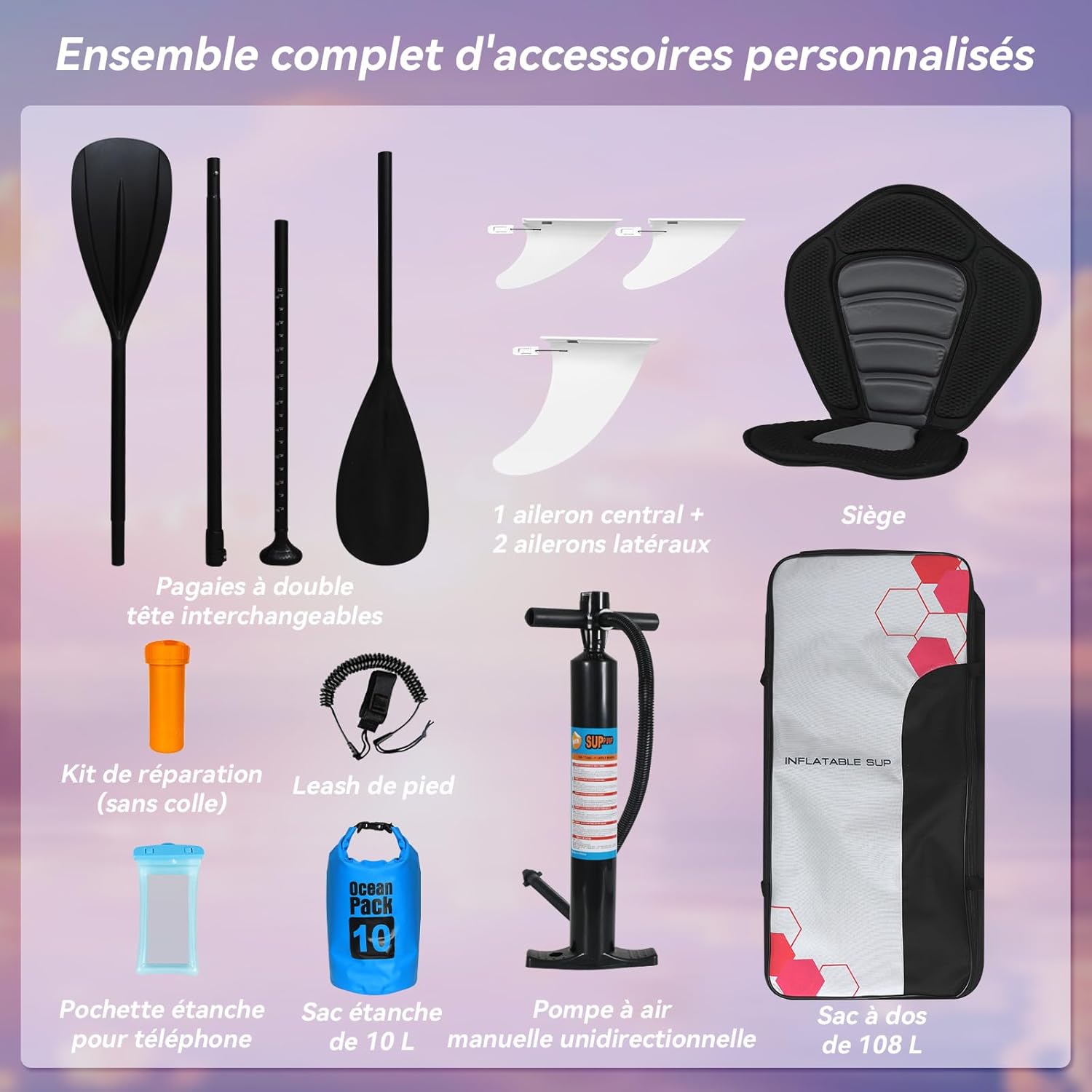 bleujardin - Paddle Gonflable Série Adulte - 320/335cm - 2 places, siège kayak, pagaie alu, support caméra, pompe, 150kg