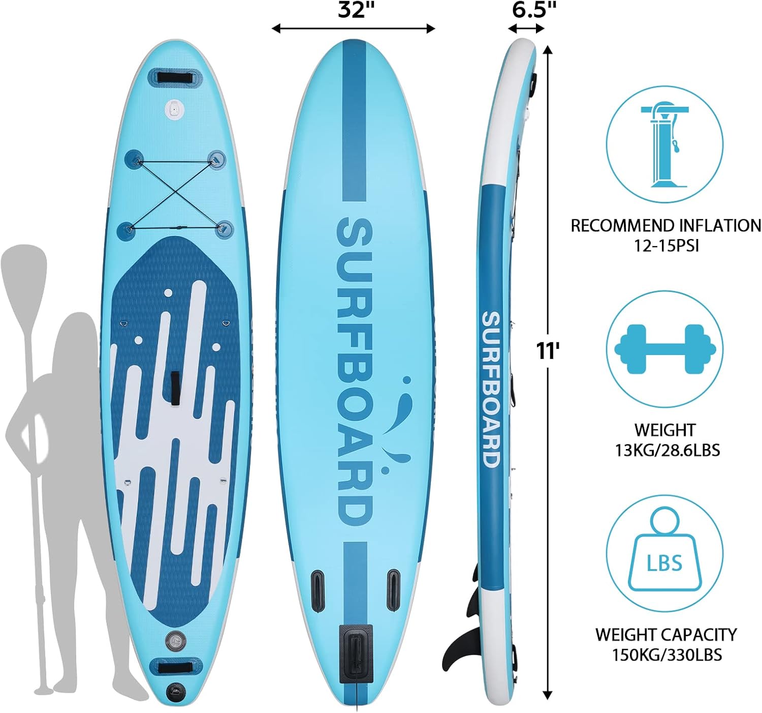 bleujardin - Paddle gonflable adulte - 320/335cm - 2 places, siège kayak, pagaie alu, support caméra, jusqu'à 150kg