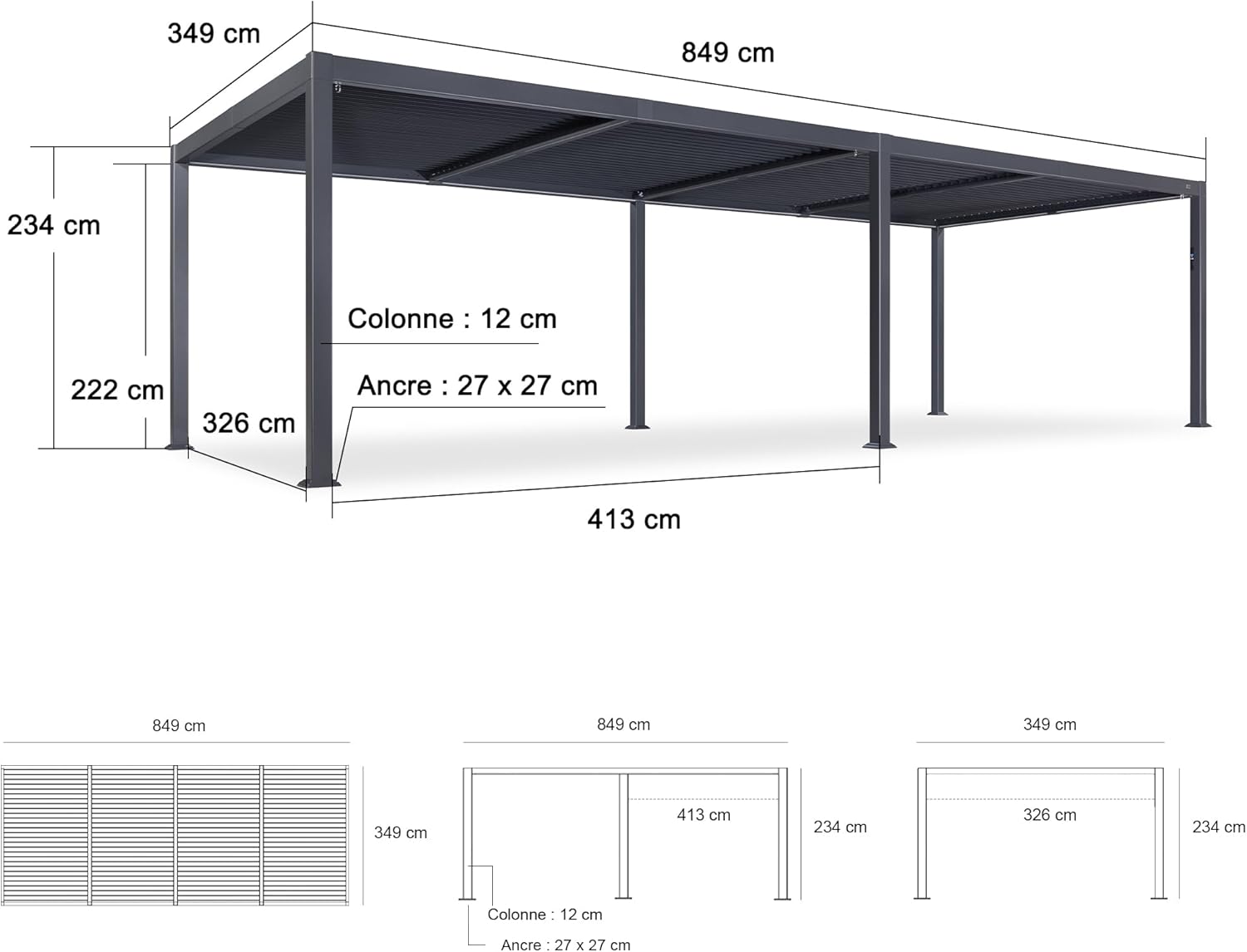 bleujardin - Pergola bioclimatique - 3,5x8,5m - aluminium, lames LED, étanche