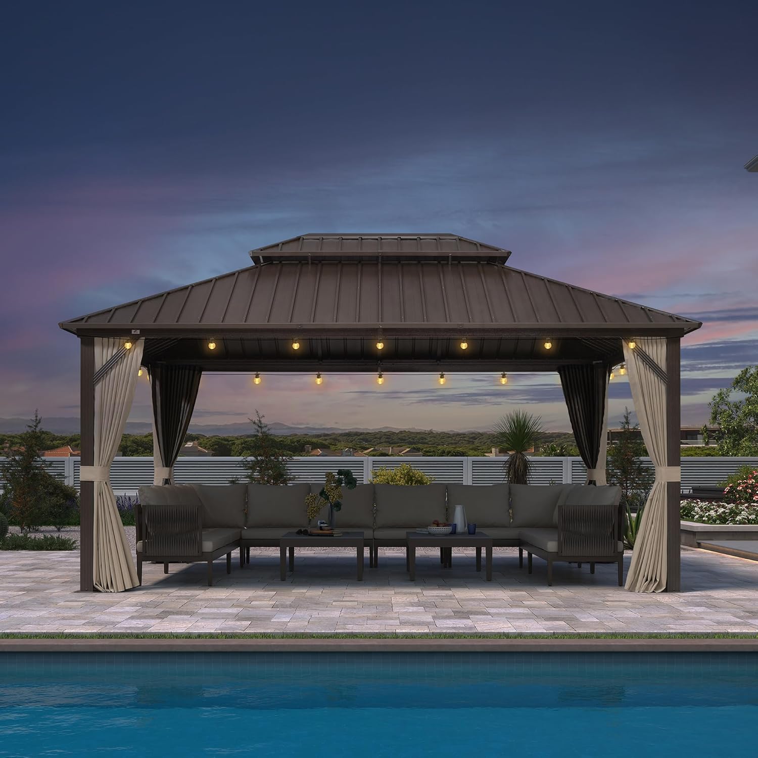 bleujardin - Pergola Toit Rigide - 4,85x3,65m - Aluminium, Rideaux, Guirlande