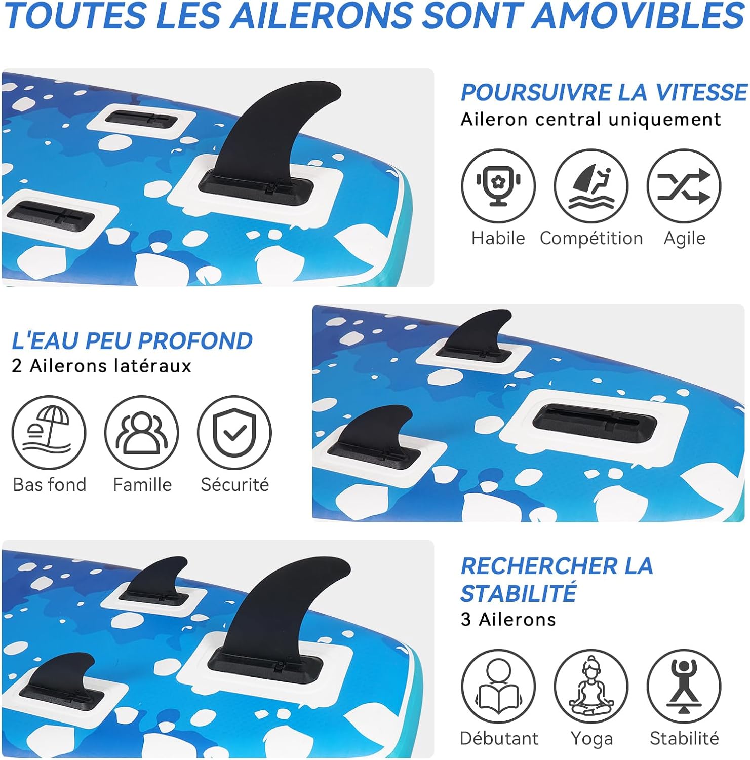 bleujardin - Paddle gonflable 320/335cm - 2 personnes, siège kayak, jusqu'à 150kg