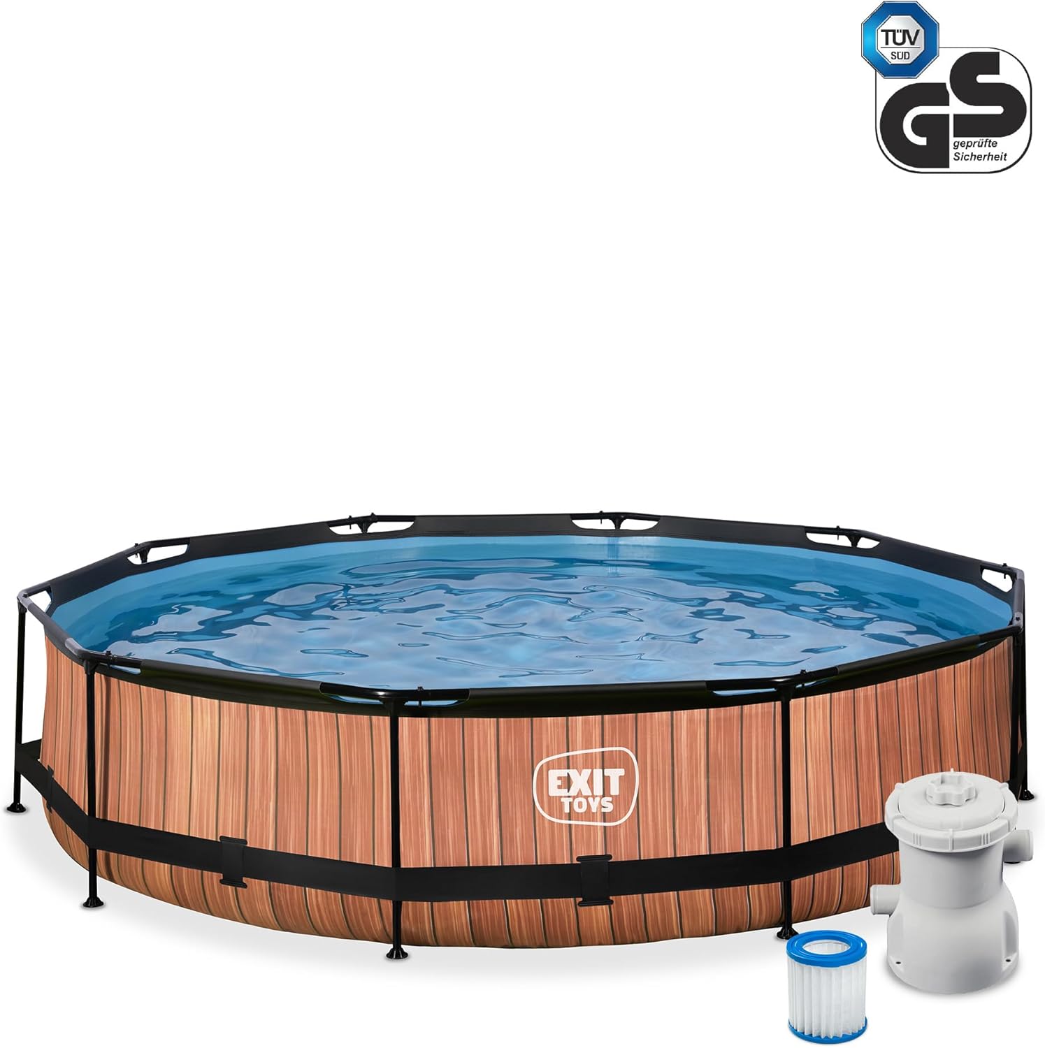 bleujardin Piscine Tubulaire Wood - ø360x76cm - Piscine Hors Sol Ronde Grande avec Pompe Filtrante à Cartouche - Entrée Basse - Idéal pour Les Jeunes Enfants - Cadre Stable - Design Unique - Marron