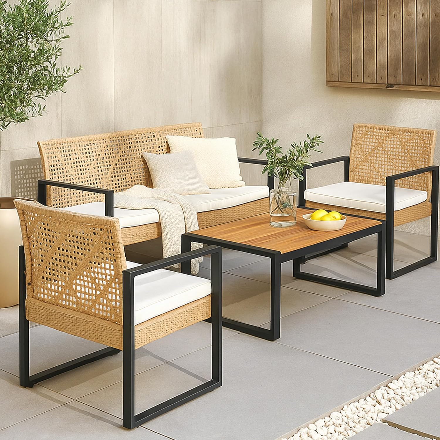bleujardin - Salon de jardin 4 pièces, acier/acacia, 2 chaises + banc, beige/naturel
