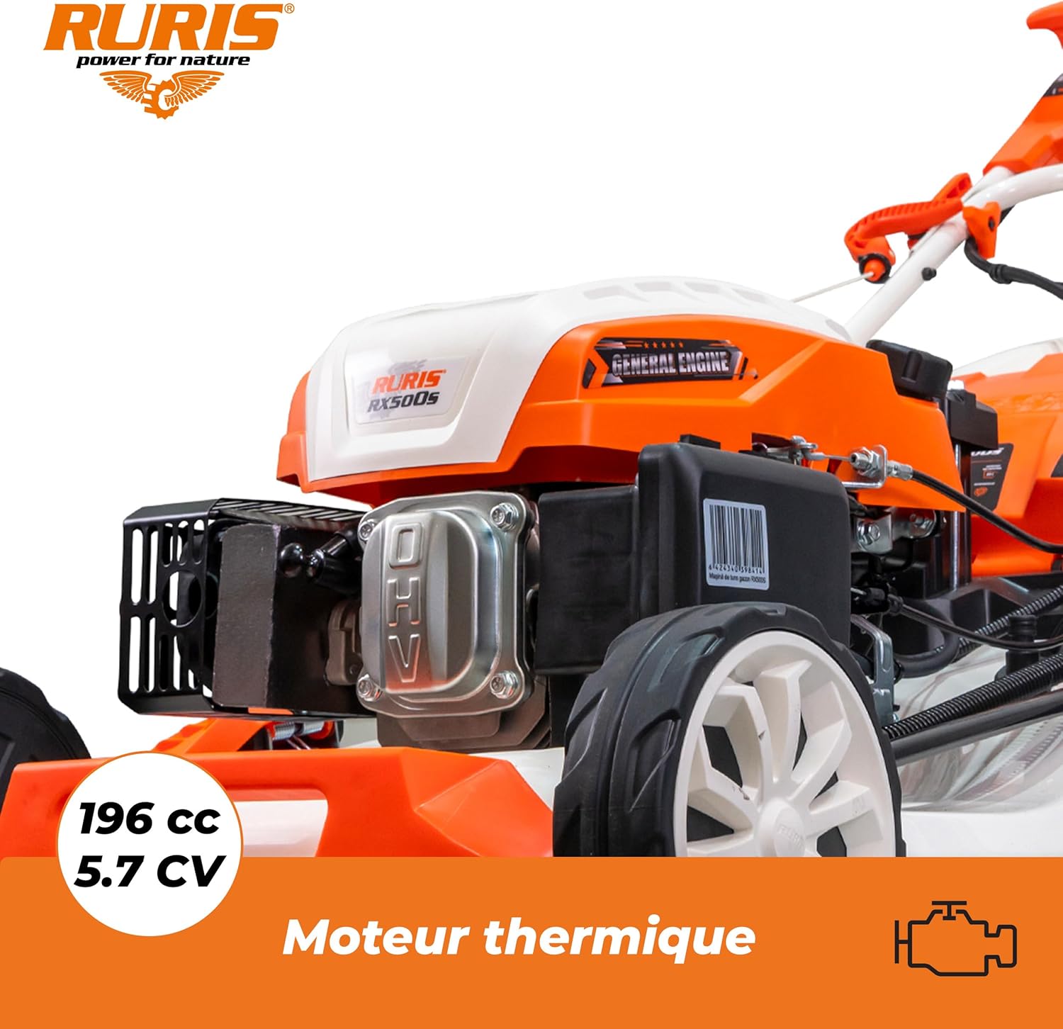 bleujardin Tondeuse à Gazon Thermique 5 en 1 Mulching 5,7 CV 196cc RX500S, Orange