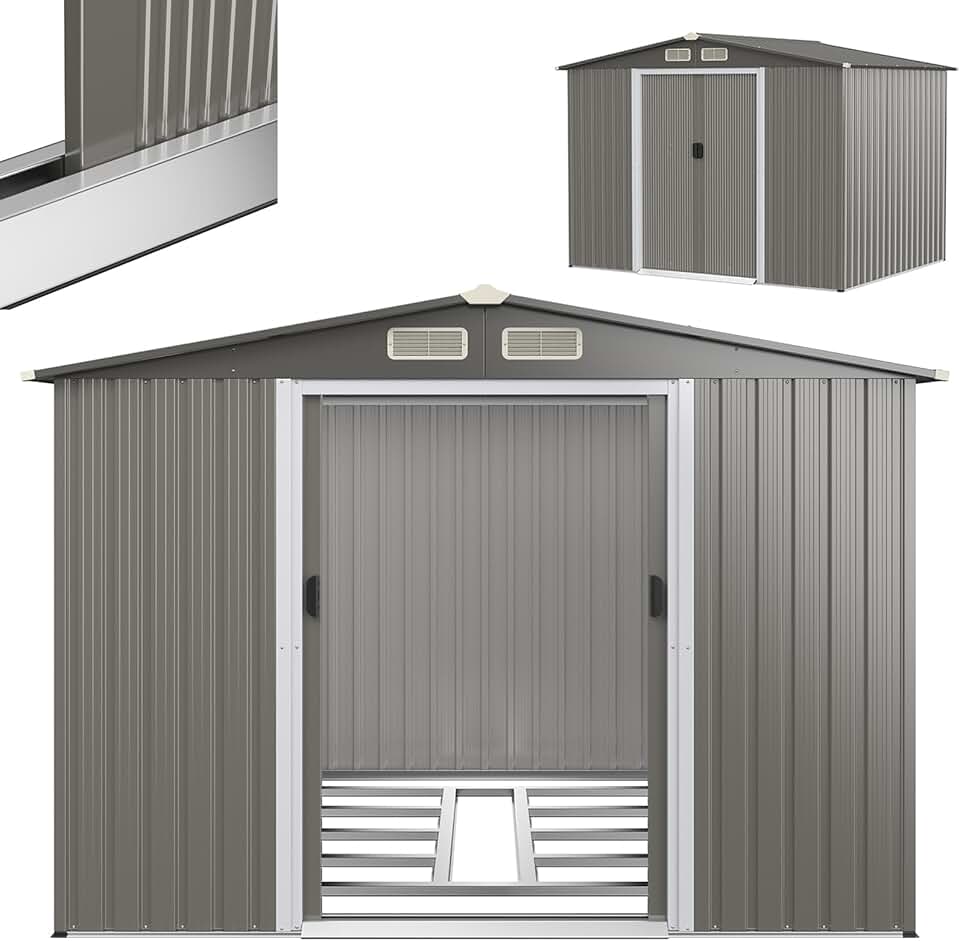 bleujardin Abri de Jardin en Tôle d’Acier Galvanisée avec Fondation et Double Porte Coulissante, Cabane à Outils avec Toit en Appentis et Volets 260X206,5 X 108 CM (Toit Gris foncé)