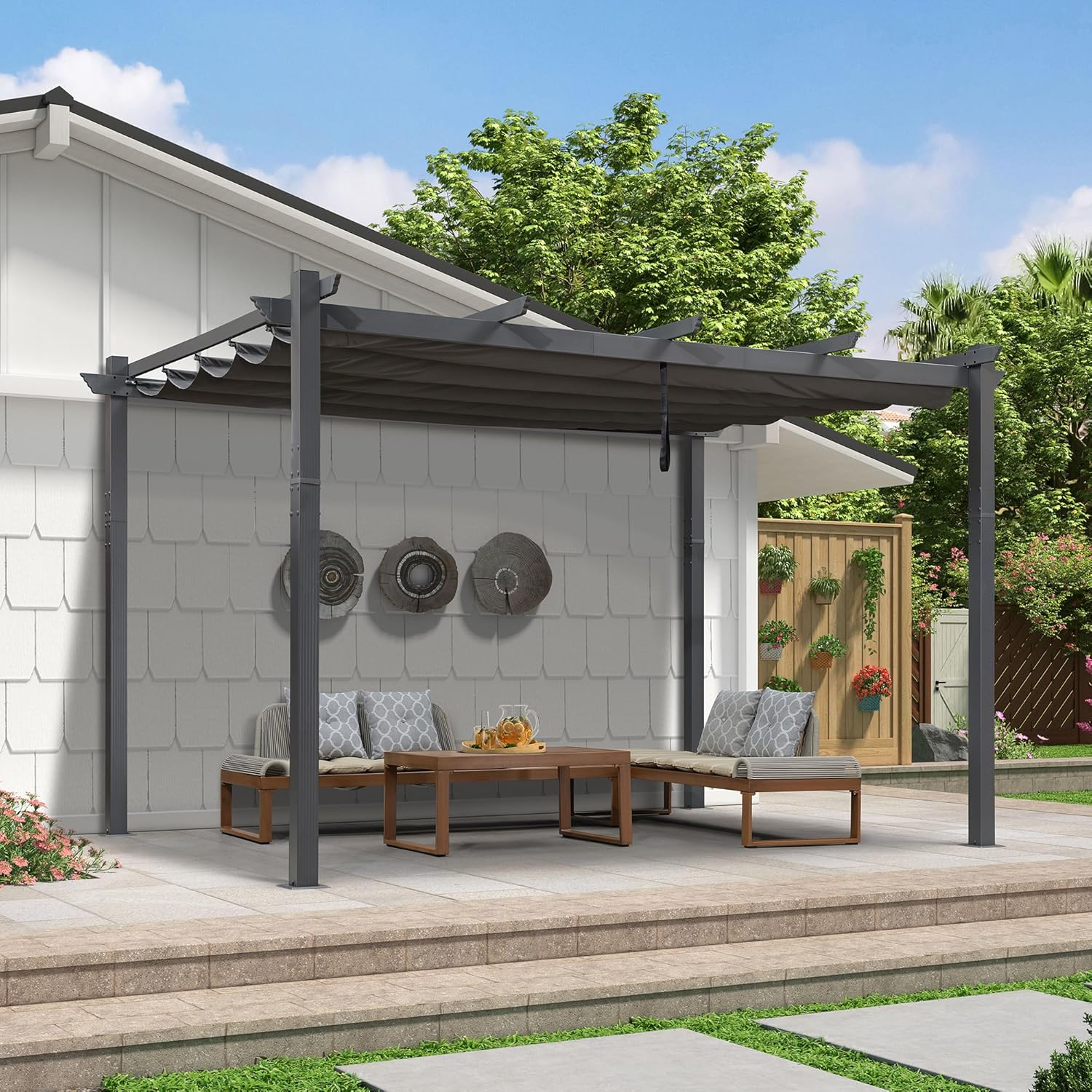 bleujardin - Pergola murale série aluminium 4x2,7m toit coulissant, tissu teint, gris