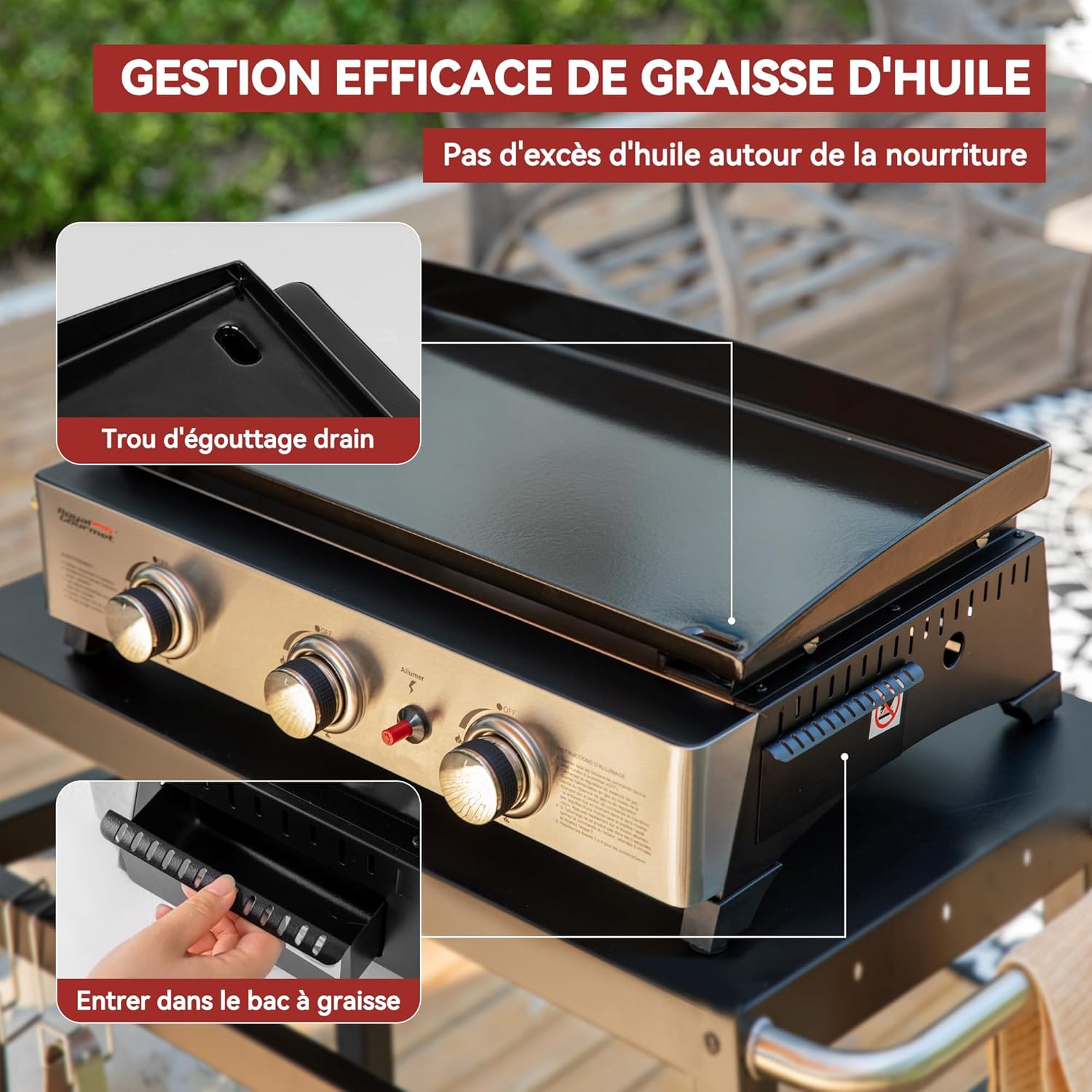 bleujardin - Plancha Gaz 3 brûleurs - 62x35,5 cm - acier émaillé, portable, 7.5kW