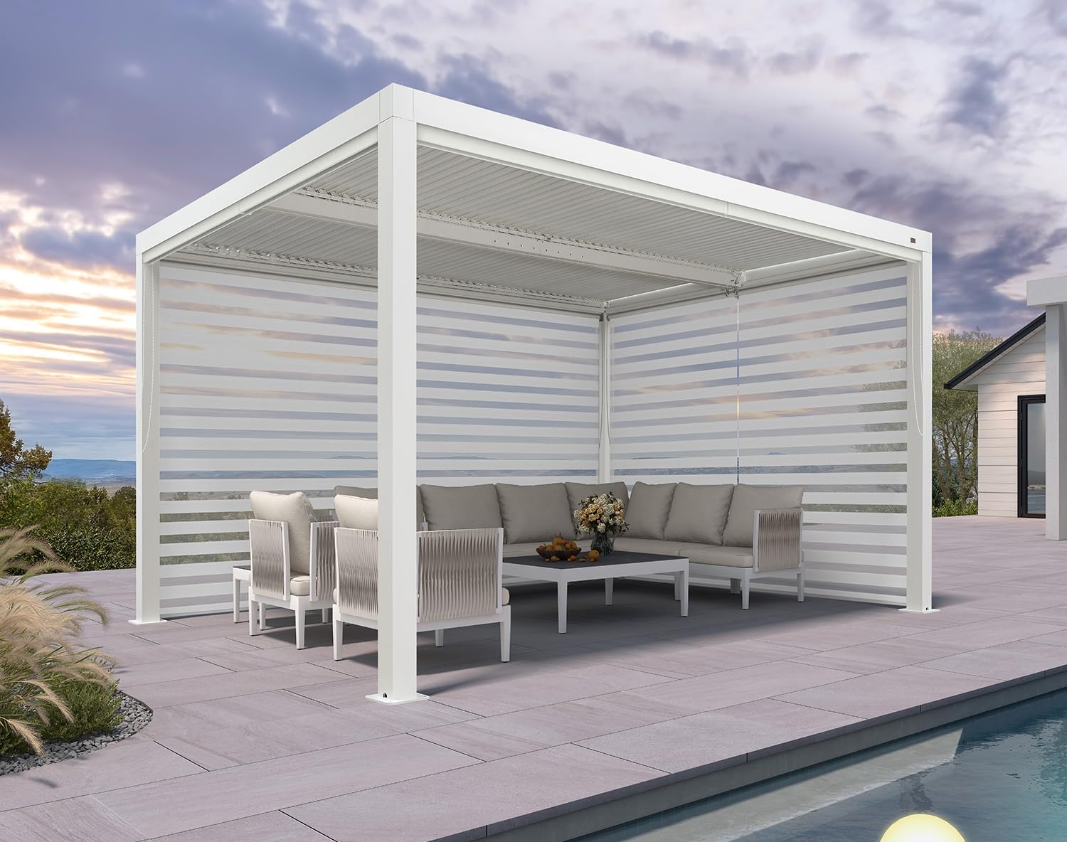bleujardin - pergola bioclimatique - 4,24x3m - aluminium, stores enrouleurs, lames orientables