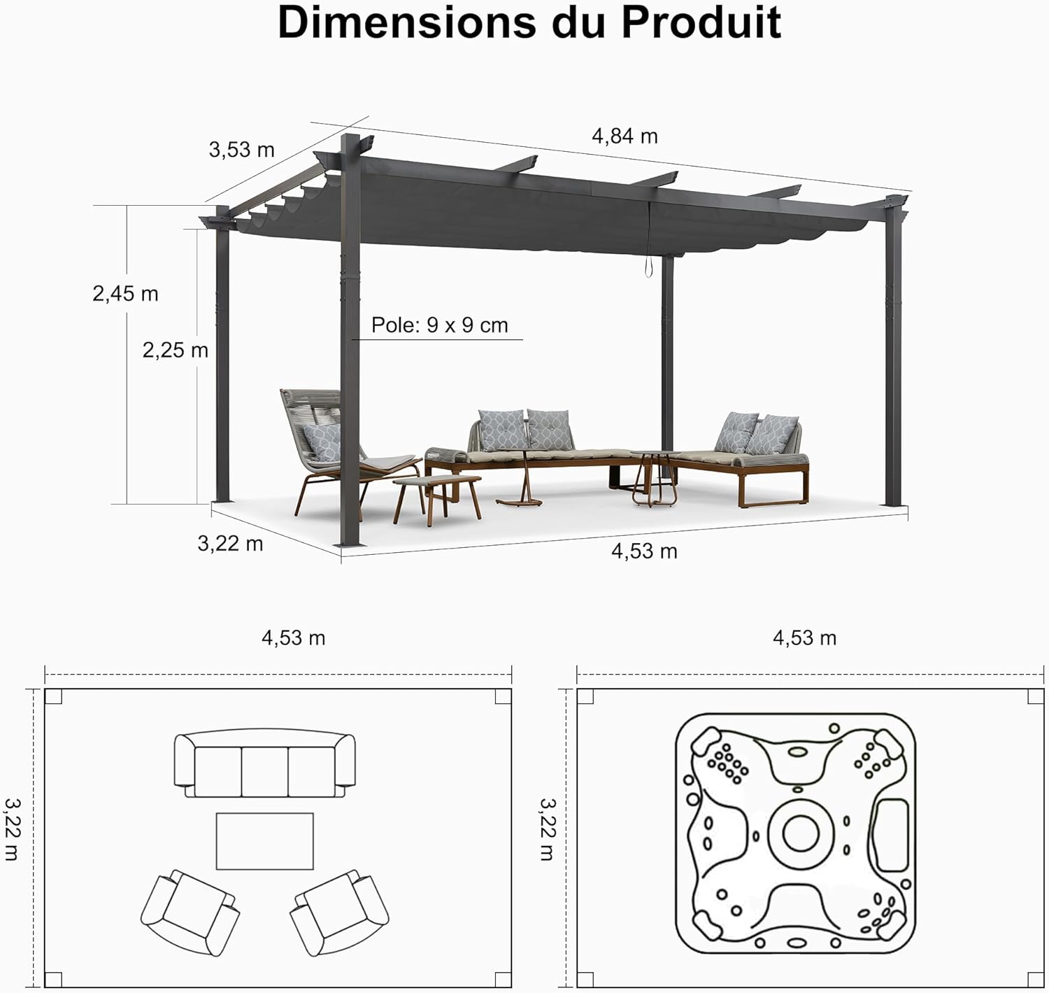 bleujardin - Pergola aluminium - 4,8x3,5m - toit coulissant, tissu teint en fil, gris