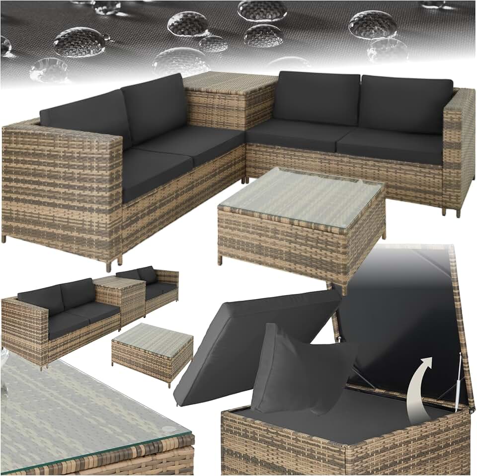 bleujardin - Ensemble salon Poly Rotin 4 pers. modulable, coffre, verre