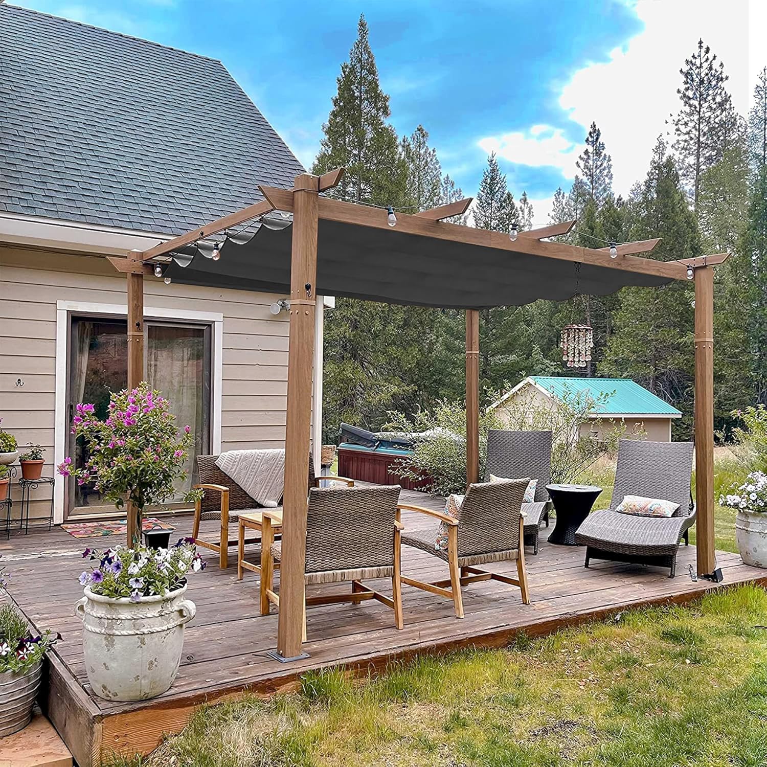 bleujardin - Pergola aluminium - 4x3m - toile rétractable, teck, imperméable
