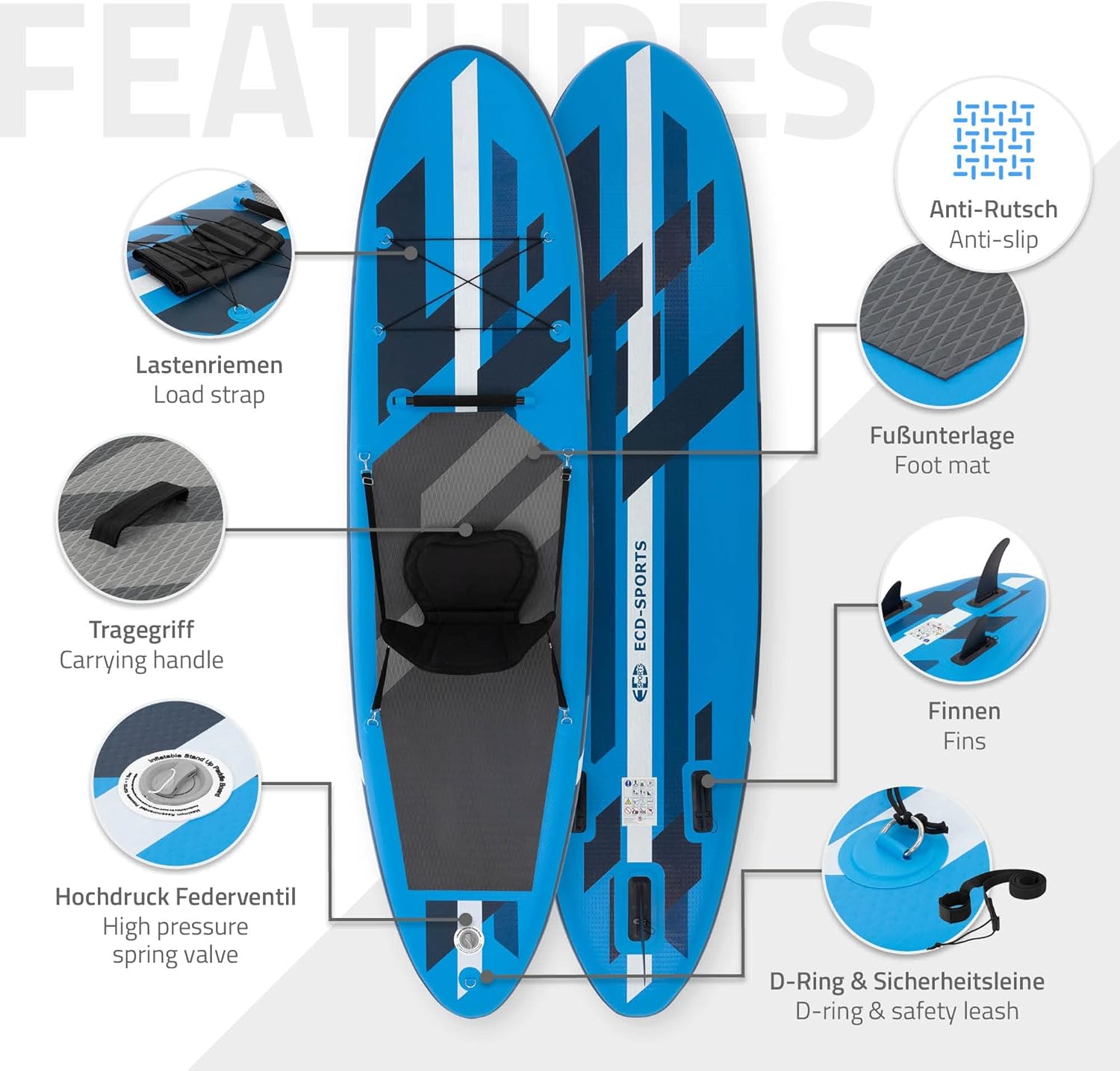 bleujardin Stand Up Surf Paddle Board Gonflable 305/308/320/380 cm | PVC | jusqu'à 120/150 kg | Épaisseur 10/15 cm | Planche de Surf Pagaie Sac de Transport Pompe à Air | Diverses Couleurs Modèles