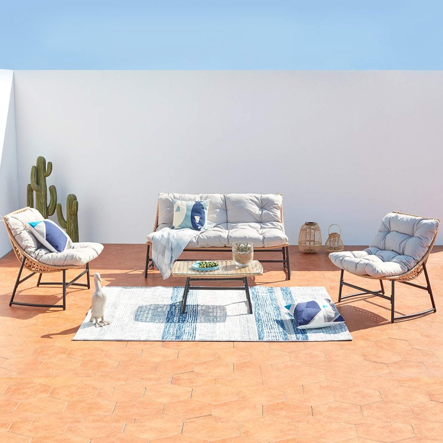 bleujardin - GUAHANA - salon 4 places résine rotin, acier, coussins