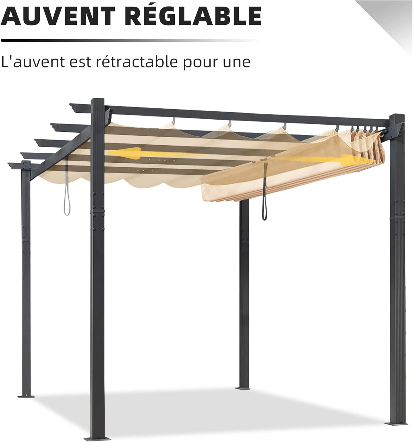bleujardin - Pergola aluminium LED, toit rétractable, 4x3m, kaki