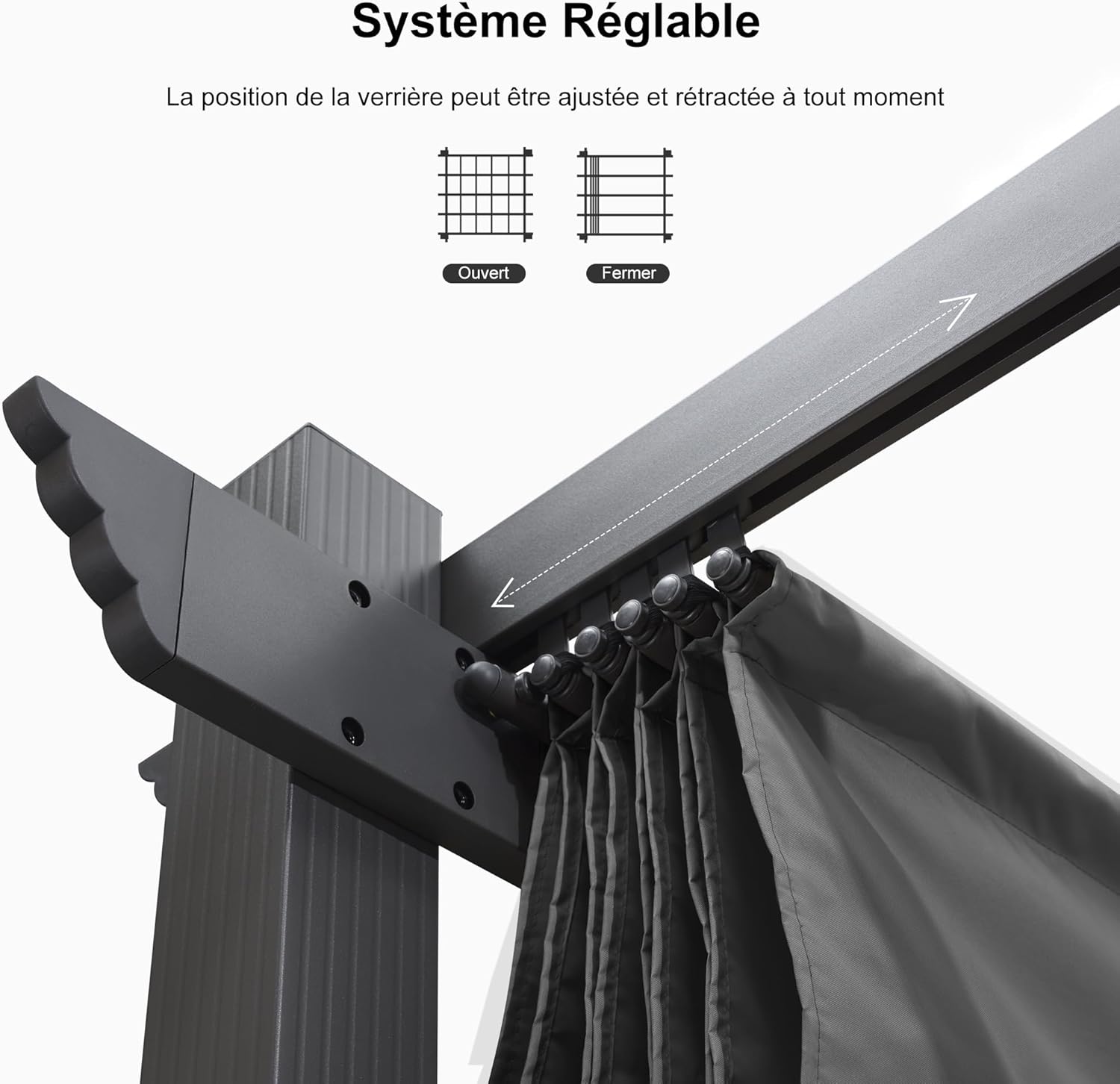 bleujardin - pergola aluminium - 4,8x3,5m - LED, toit rétractable, tissu mass teinté, structure résistante