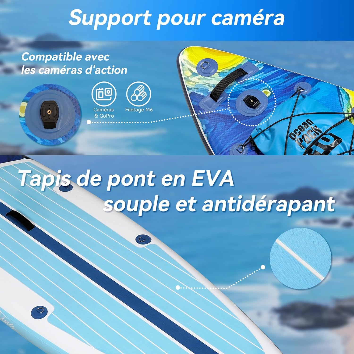 bleujardin - Paddle gonflable adulte 320/335cm - 2 personnes, siège kayak, pagaie, support caméra, 150kg