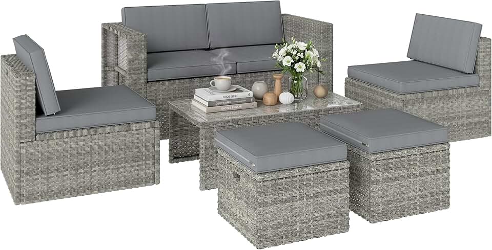 bleujardin - salon de jardin 6 pièces - canapé, fauteuils, table, gain de place, résine tressée, gris
