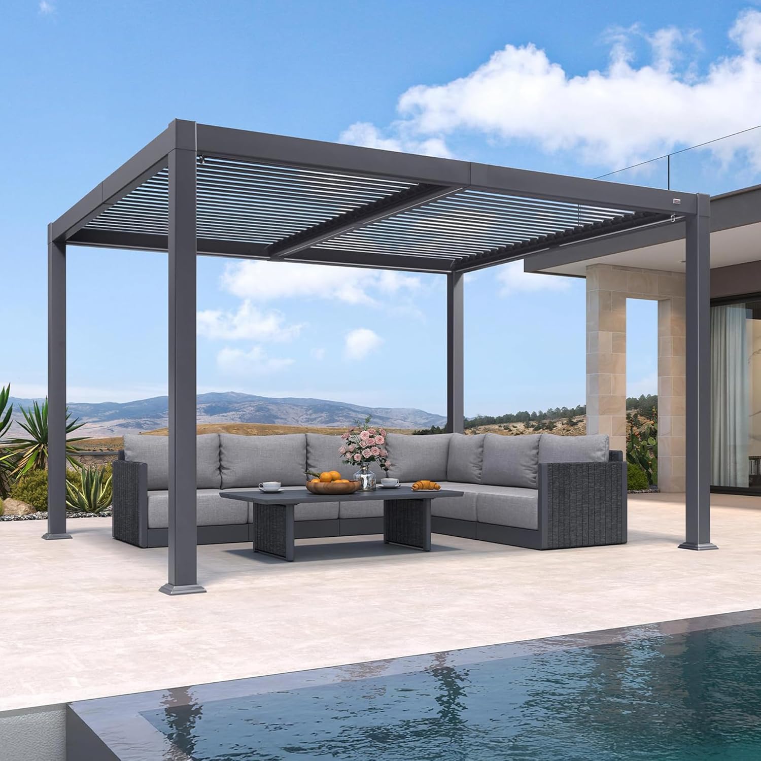 bleujardin - Pergola bioclimatique - 3 x 3,65 m - aluminium, lames orientables, LED, imperméable
