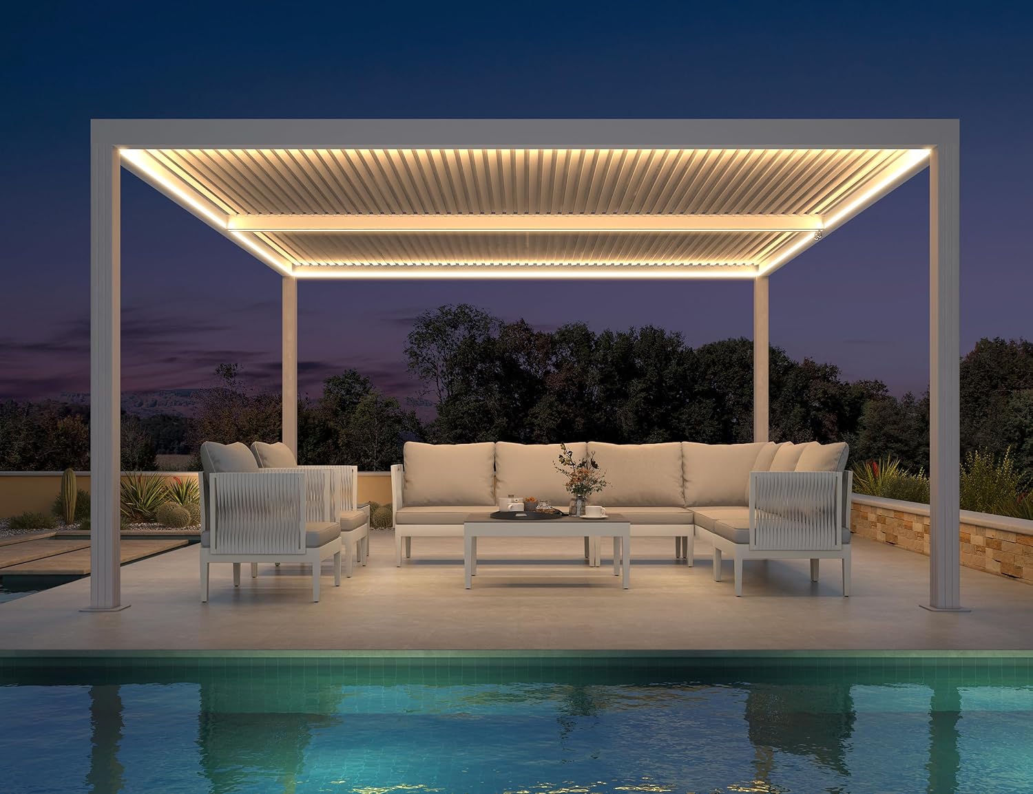 bleujardin - Pergola bioclimatique 4,24x3m - alu, LED, gouttières, blanc