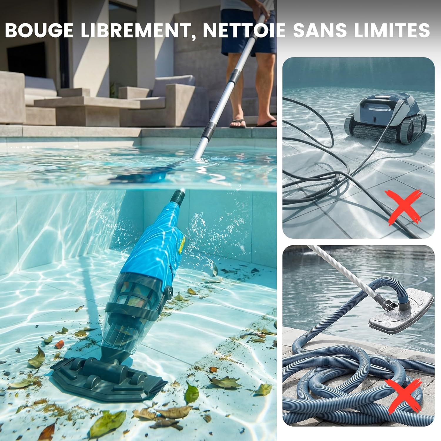 Aspirateur de piscine manuel - sans fil rechargeable, léger, pour piscines et spas