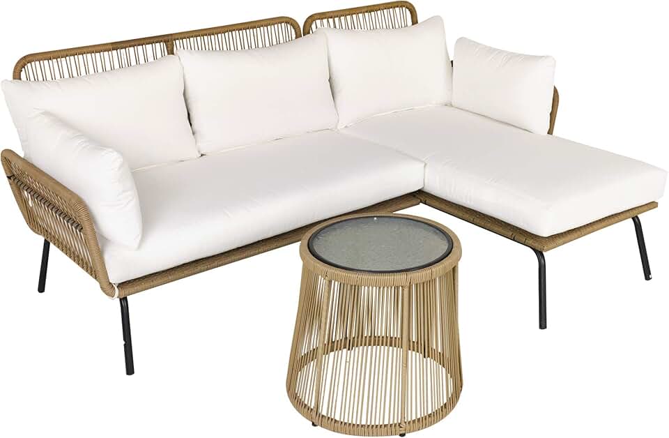 bleujardin - salon de jardin d'angle 4 places résine tressée - table basse, coussins confort, crème