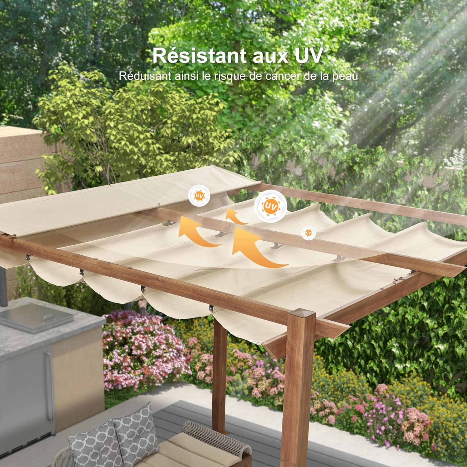 bleujardin - pergola aluminium - 3x3m - teck, toile rétractable, kaki