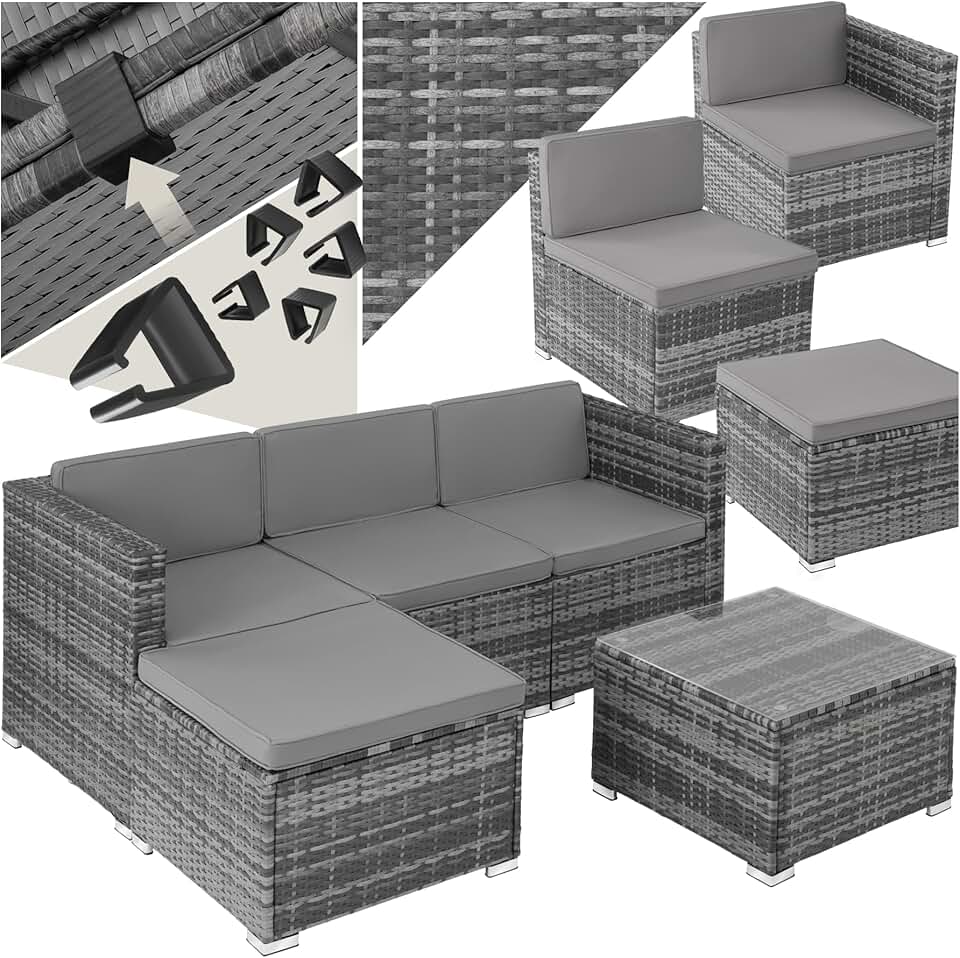 bleujardin - Salon de jardin modulable 4 places, poly rotin, table et poufs