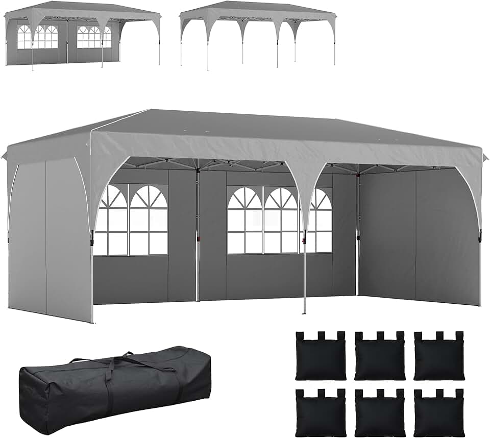 bleujardin - Tonnelle Pop Up 3x6m, imperméable, réglable, UV50+, sacs, gris