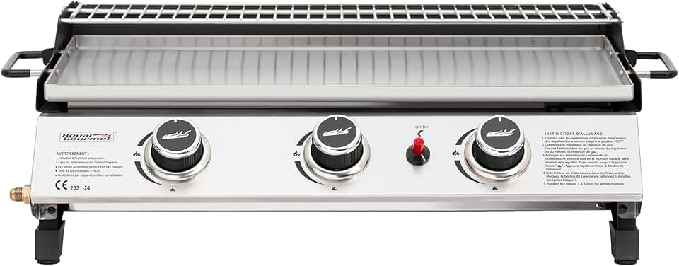 bleujardin - Plancha gaz inox 3 brûleurs 61,5x32cm, 7,5kW, usage extérieur