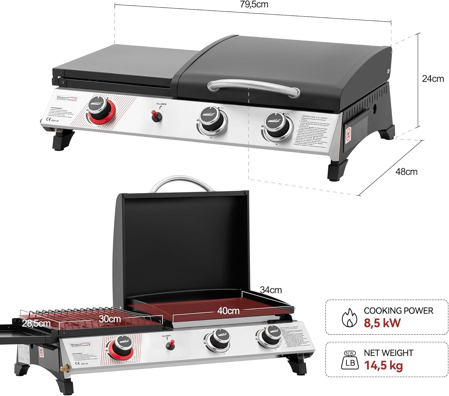 bleujardin - barbecue gaz 3 brûleurs - 8,5kW - plancha, grille, couvercle multifonction