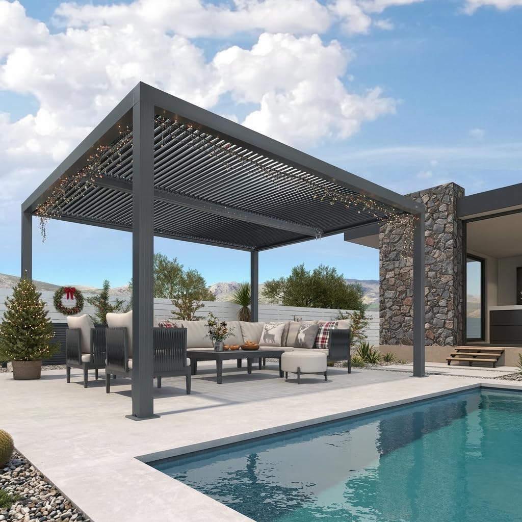 bleujardin - Pergola Bioclimatique - 4,24 x 3,3 m - Aluminium, lames orientables, commande indépendante, gris