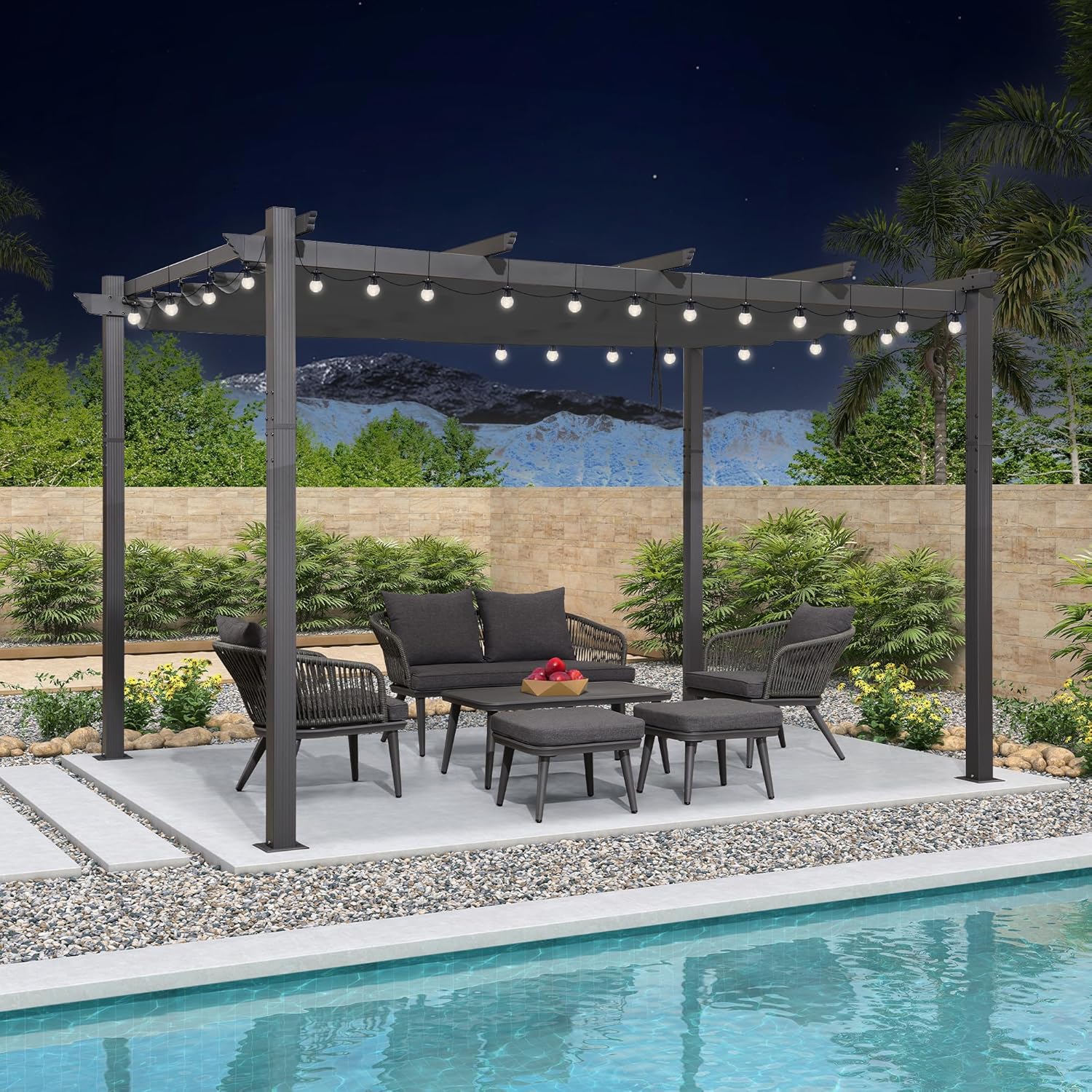 bleujardin - Pergola LED série - 4x3 m - aluminium, toit rétractable, tissu teinté