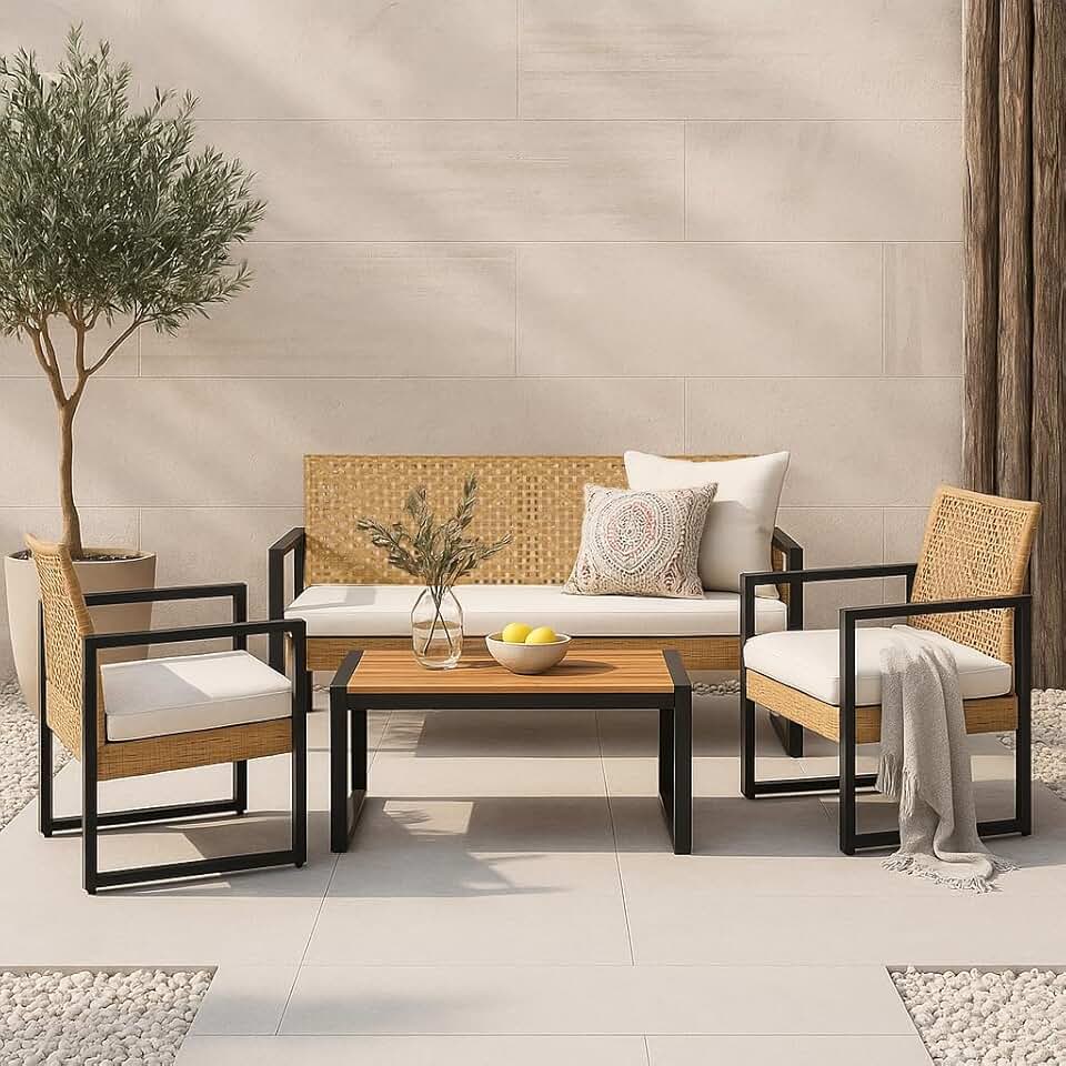 bleujardin - Salon de jardin 4 pièces, acier/acacia, 2 chaises + banc, beige/naturel