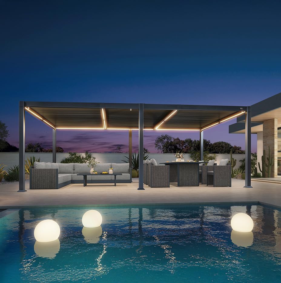 bleujardin - pergola bioclimatique - 3,5x6,35m - lames LED alu gris