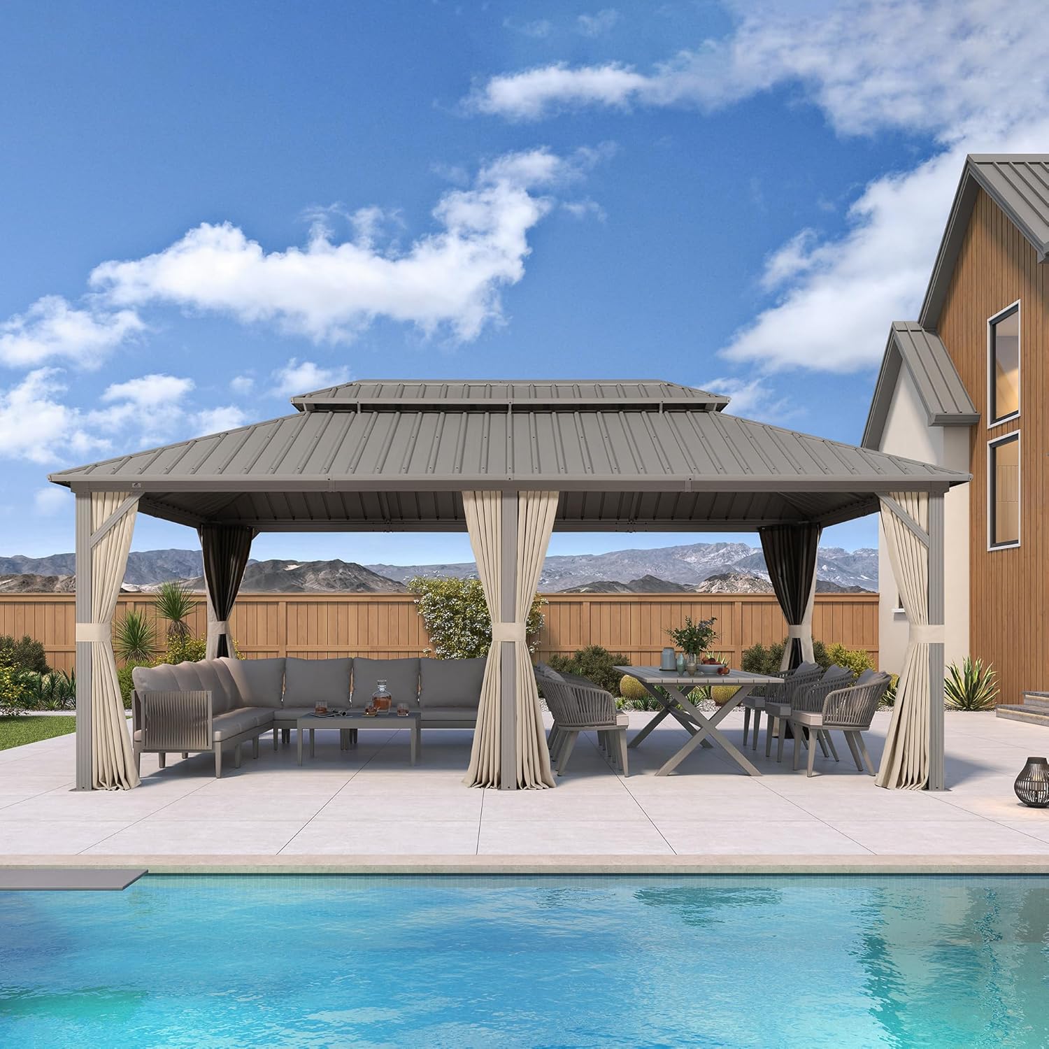 bleujardin - Pergola série Champagne - 6 x 3,65 m - aluminium, toit acier, moustiquaire et rideaux
