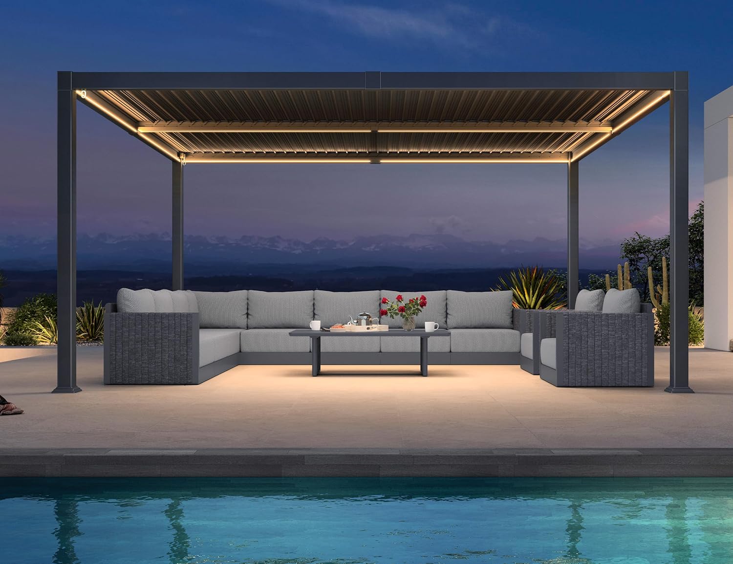bleujardin - Pergola bioclimatique alu 4x4.6m, lames LED, durable