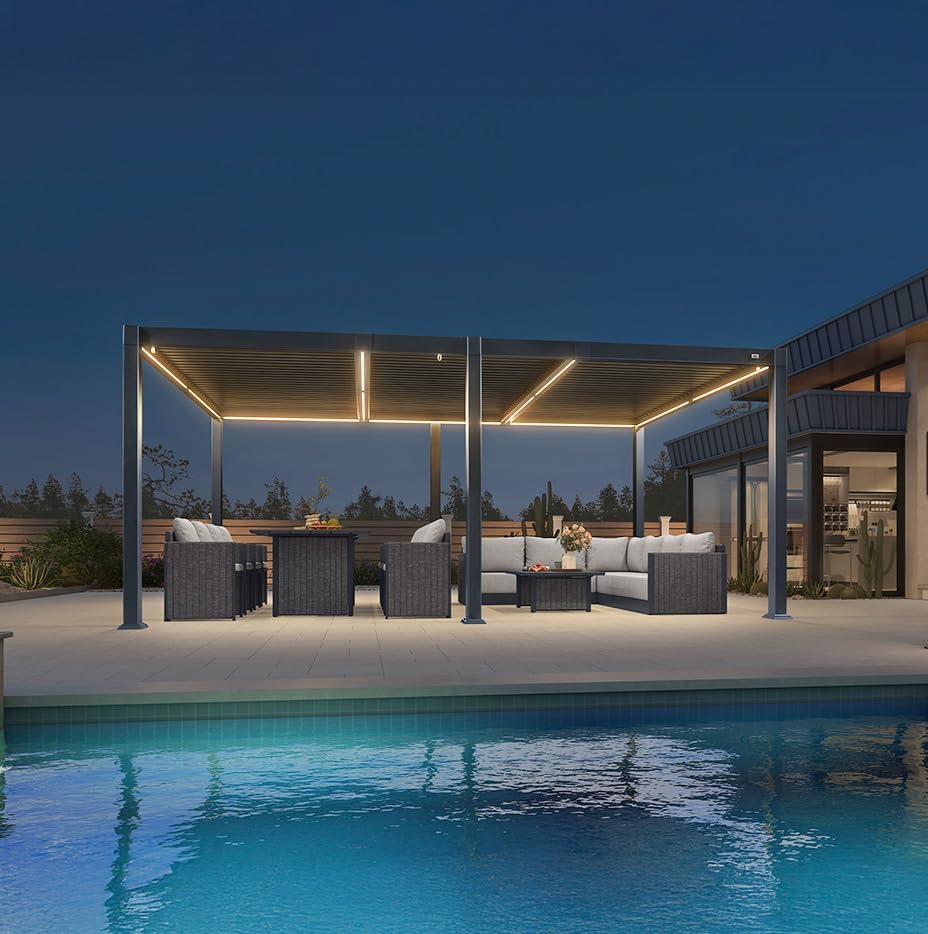 bleujardin - Pergola bioclimatique - 3,5x5,5m - alu, lames LED, étanche