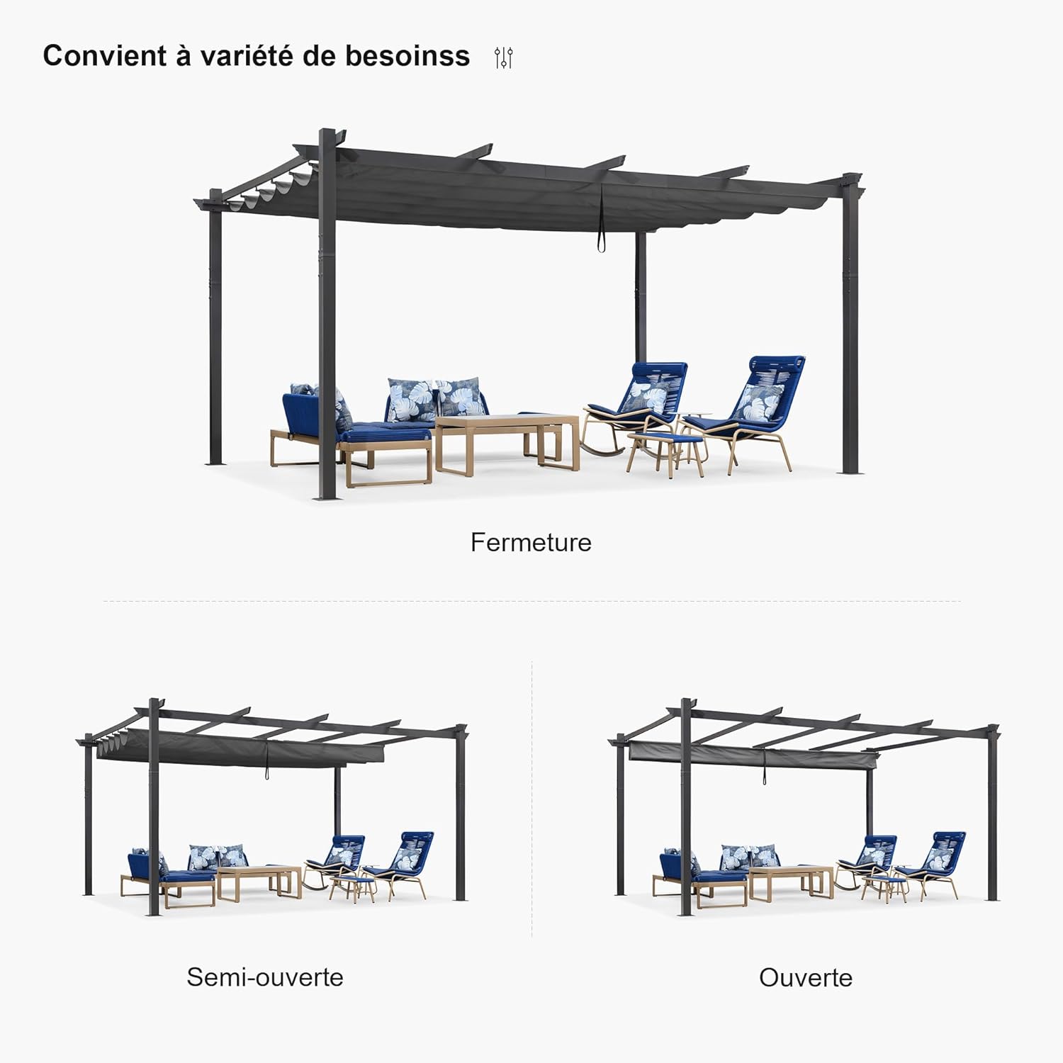 bleujardin - pergola aluminium - 4,8x3,5m - LED, toit rétractable, tissu mass teinté, structure résistante