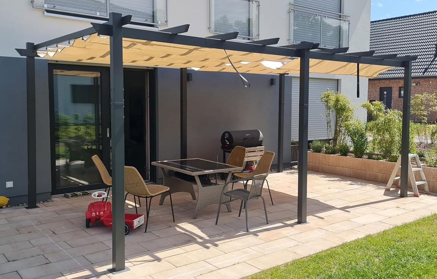 bleujardin - Pergola aluminium série - 5,5x3,5m - toit coulissant, tissu teint en fil, kaki