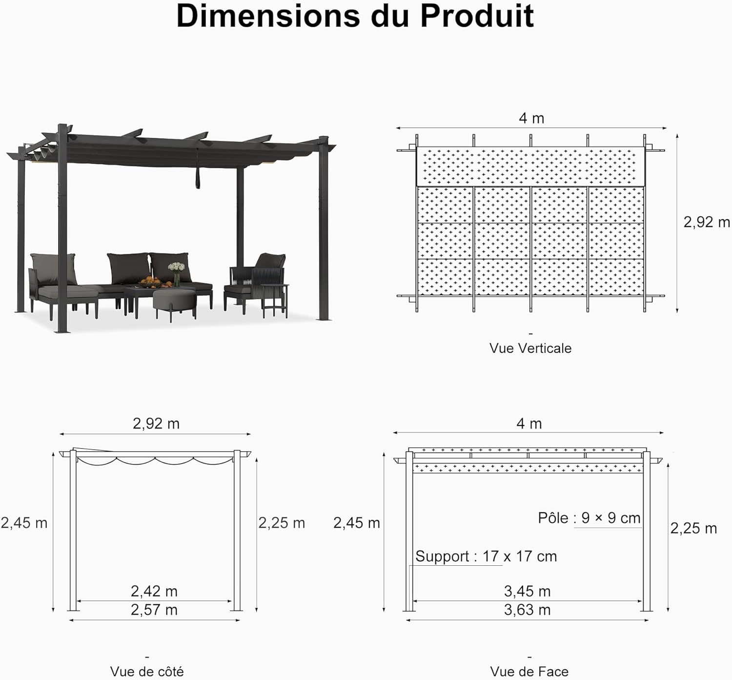 bleujardin - Pergola Aluminium - 4x3m - Rideau, toit rétractable, imperméable