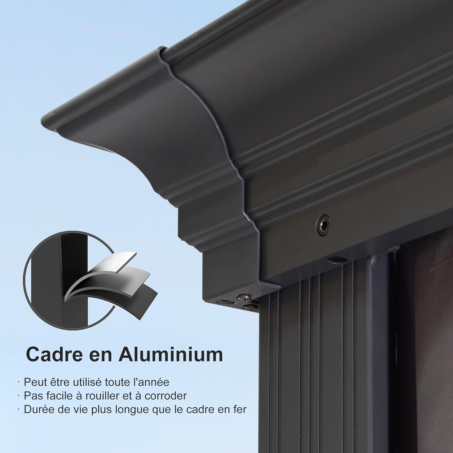 bleujardin - tonnelle aluminium - 6x3,65m - LED, rideaux, gouttière, gris