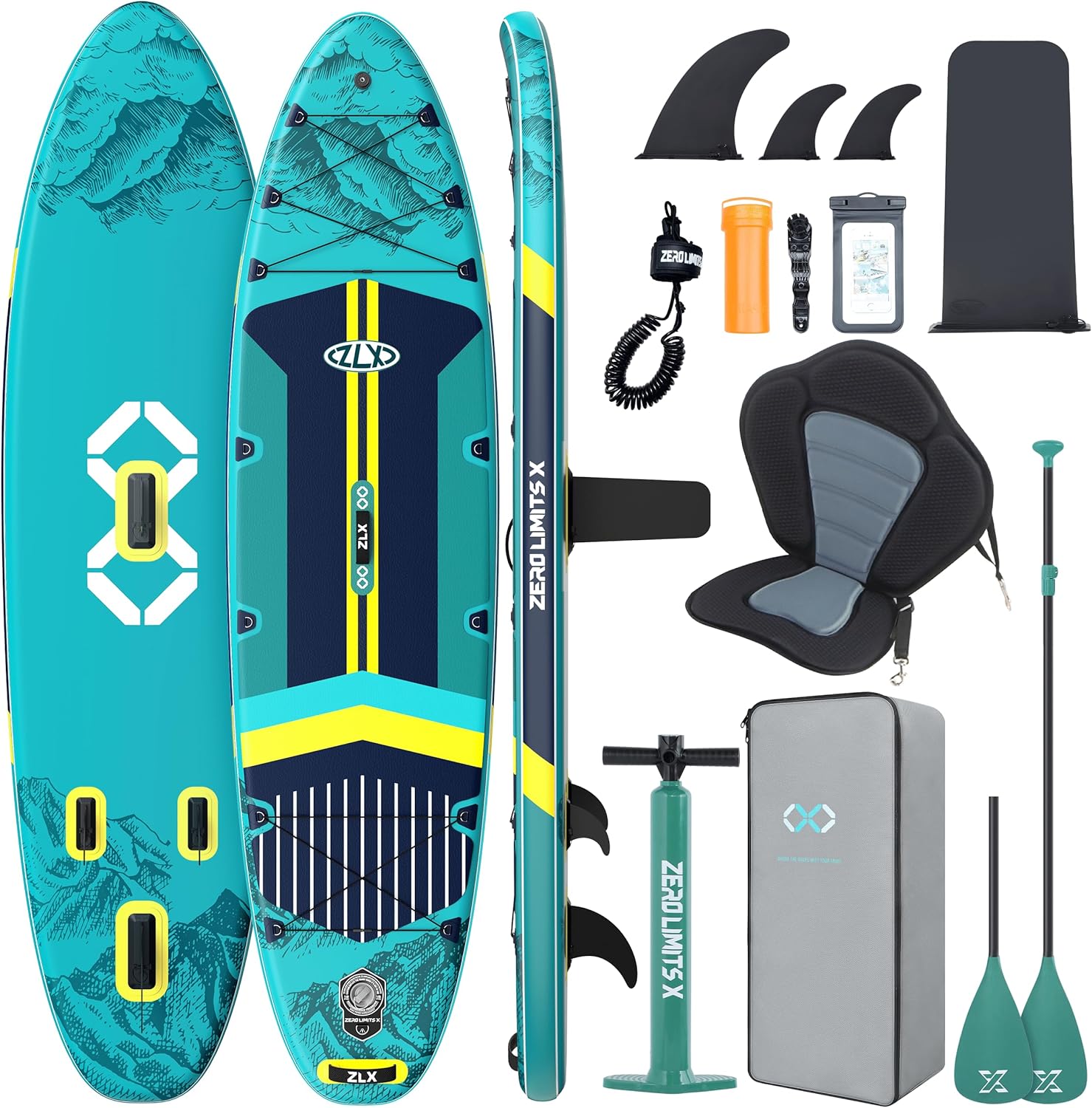ZLX - Paddle gonflable extra large - 350x89 cm - stable, antidérapant, accessoires premium, siège inclus - ZLX