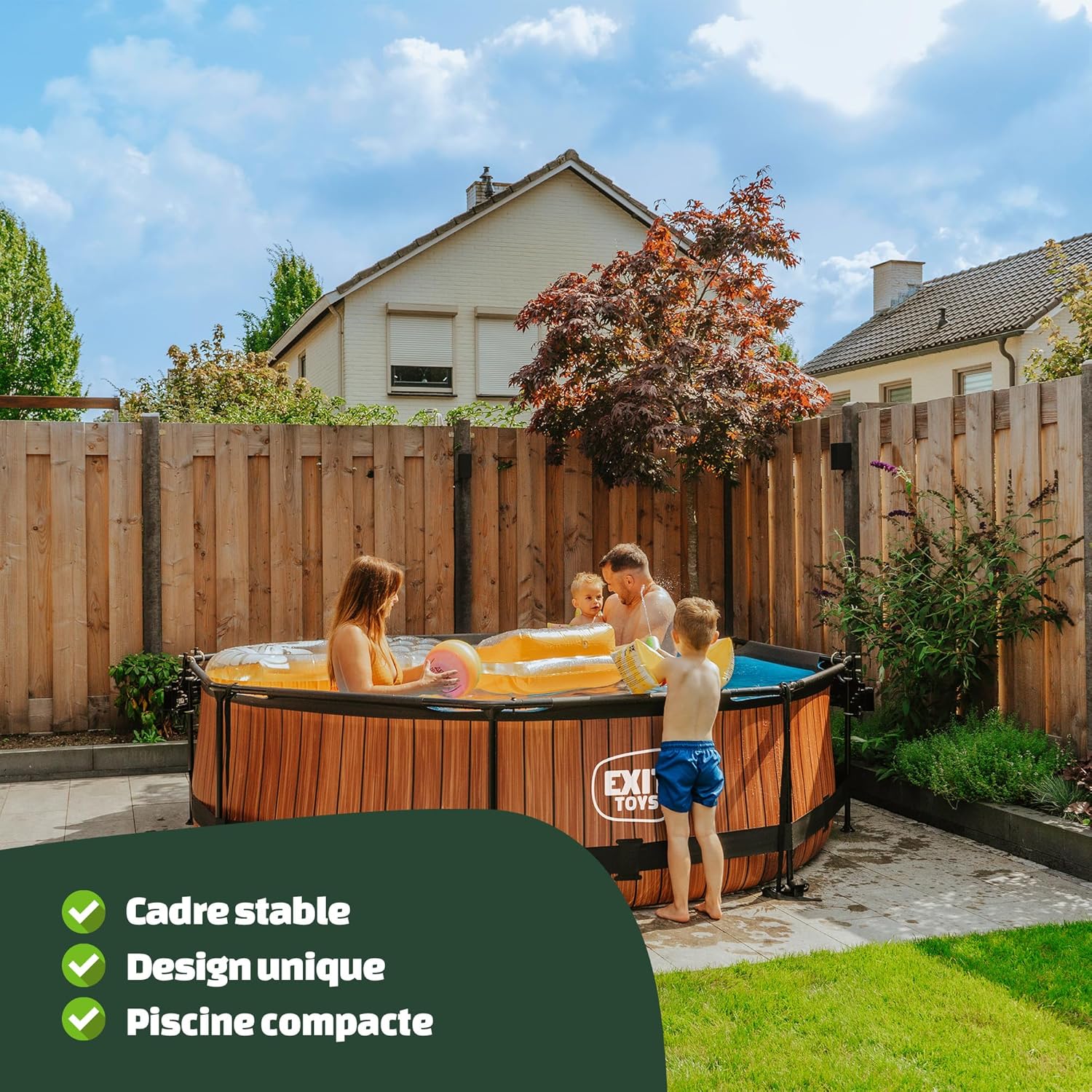 bleujardin Piscine Tubulaire Wood - ø300x76cm - Piscine Hors Sol Ronde avec Pompe Filtrante à Cartouche - Entrée Basse - Idéal pour Les Jeunes Enfants - Cadre Stable - Design Unique - Marron