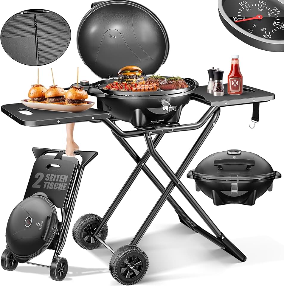 bleujardin - Gril électrique pliable, 2400W, couvercle, thermomètre, table