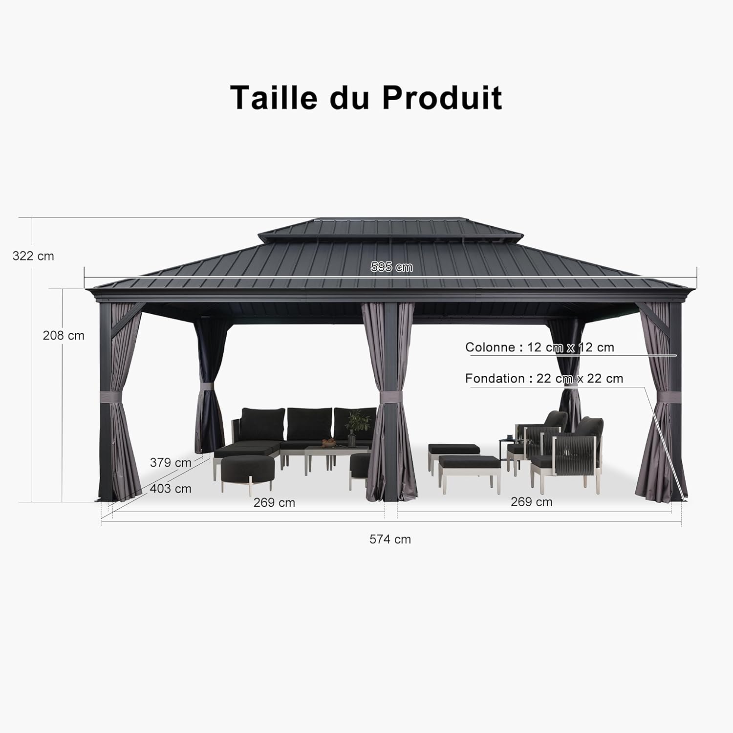 bleujardin - tonnelle toit double acier, 6x4,25m, moustiquaire, rideaux