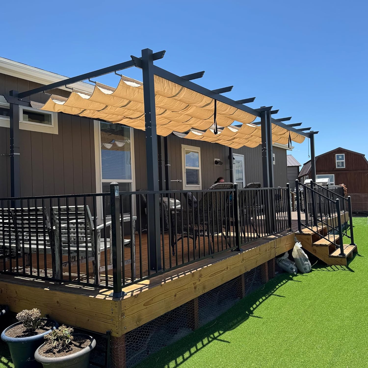 bleujardin - Pergola Aluminium - 4x3m - Toit coulissant, tissu kaki