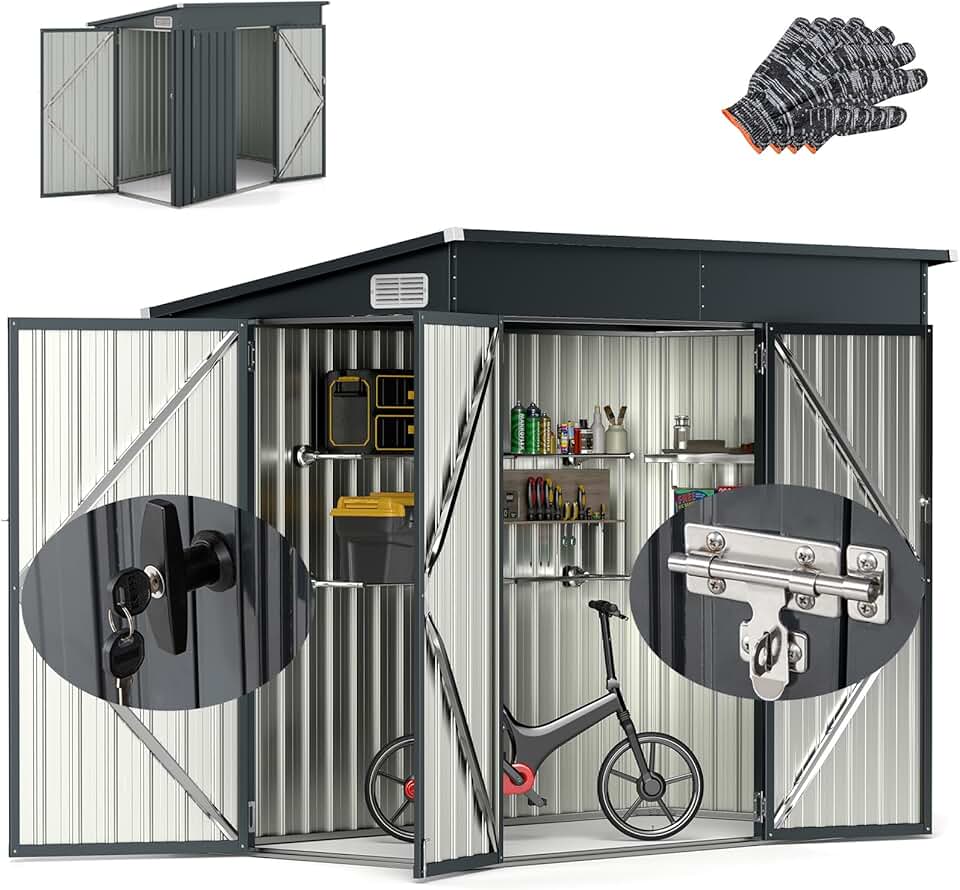 bleujardin Abri de Jardin Métal 235X117X185CM avec 2 Portes Verrouillable-Loquets Clés Inclus et Fenêtres, Cabane à Outils Cabanon Résistant aux intempéries pour Poubelles Extérieur (Gris, 5M³)