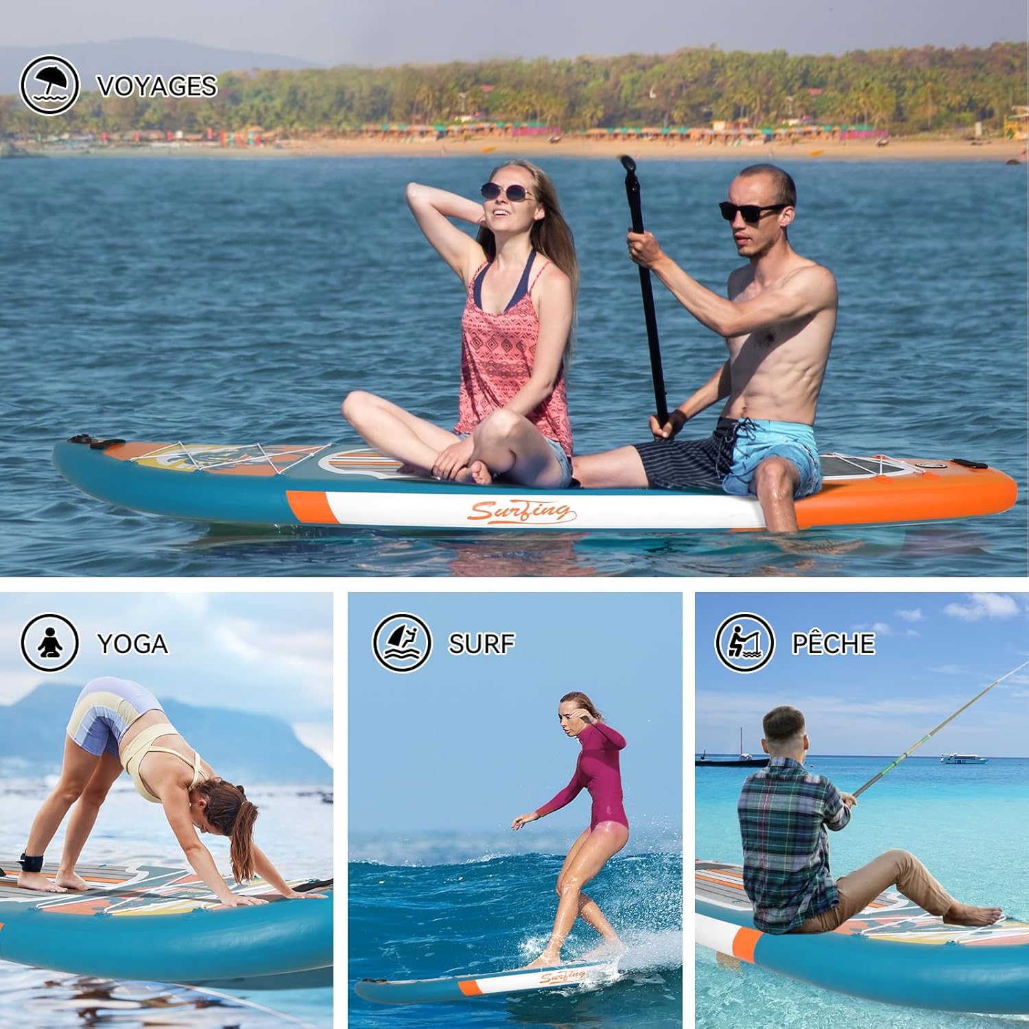 bleujardin - Paddle gonflable adulte - 320/335cm - 2 personnes, siège kayak, pagaie alu, caméra, pompe, 150kg