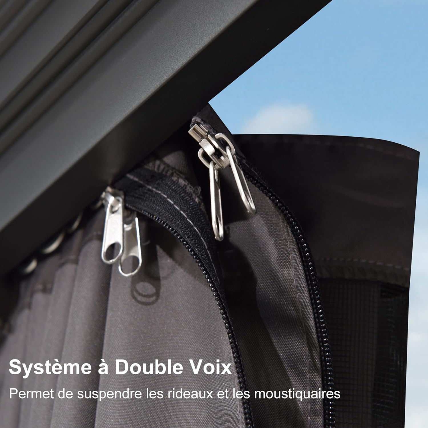 bleujardin - tonnelle aluminium série - 4,85x3,65m - éclairage intégré, rideaux moustiquaires, gouttière, gris