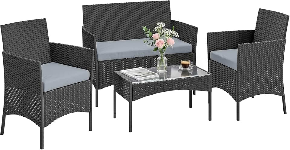 bleujardin - Salon de Jardin 4 pers - résine tressée, coussins, table verre, gris